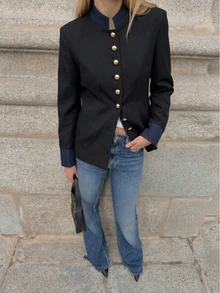 Women's Button Collar Long Sleeve Fitted Sports Jacket - Royal Blue - View 2