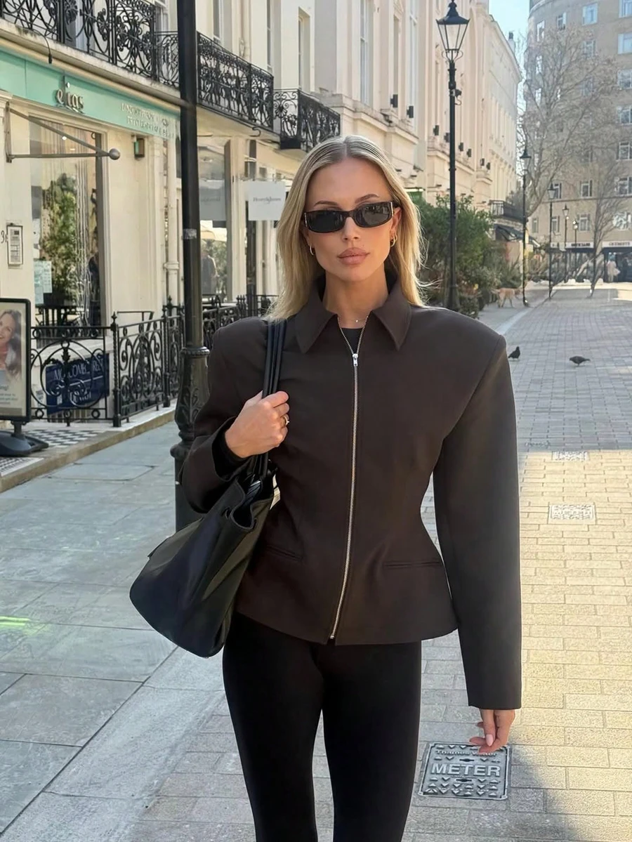 Women's Wide Shoulder Zipper Lightweight Jacket, Slim Fit Long Sleeve Solid Color Outerwear, Suitable For Spring And Autumn - Coffee Brown - View 1