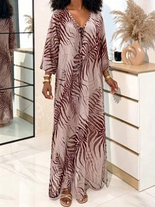 Deep V-Neck Long Sleeve Loose Leopard Print Cover-Up Dress, Bohemian Resort Style, Women Summer Beach Dress - Multicolor - View 2