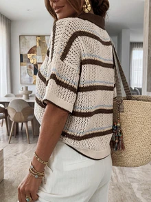 FOR BEAUTY Spring/Summer Y2K Casual Striped Crochet Hollow Polo Collar V-Neck Short Sleeve Loose Oversized Knit Sweater Vacation Style - Multicolor - View 2