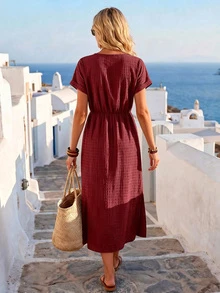 Women's Summer Vacation Burgundy Vertical Striped Textured Round Neck Cinched Waist Double Side Slit Long Sleeve Dress, Women's Vacation Outfit, Women's Elegant Dress, June Festival Women's Clothing, Summer Dress, Women's Casual Dress, Vacationcore - Burgundy - View 3
