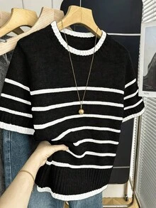 Summer Outfits For Women Crew Neck Short Sleeve Knit Pullover, Casual Color Block Striped Top Black - Black - View 2