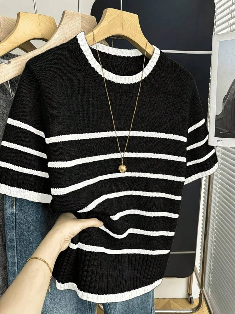 Summer Outfits For Women Crew Neck Short Sleeve Knit Pullover, Casual Color Block Striped Top Black