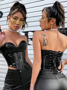 Apperloth A Apperloth Solid Color Lace-Up PU Leather Corset, Cool Style, Suitable For Music Festival Halloween, Black - Black - View 3