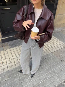女款復古翻領長袖極簡PU夾克，寬鬆做舊皮革拉鍊外套，適合春秋季 - 酒紅色 - 查看 2