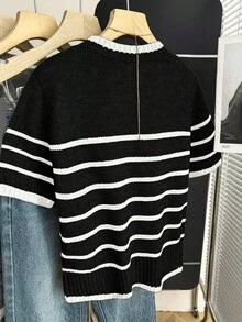 Summer Outfits For Women Crew Neck Short Sleeve Knit Pullover, Casual Color Block Striped Top Black - Black - View 3