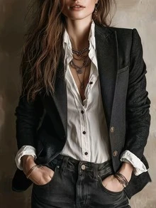 Blazer Hitam Vintage Baru untuk Wanita, Desain Bahu dan Pinggang Terstruktur, Berlapisan untuk Musim Gugur - Hitam - View 1