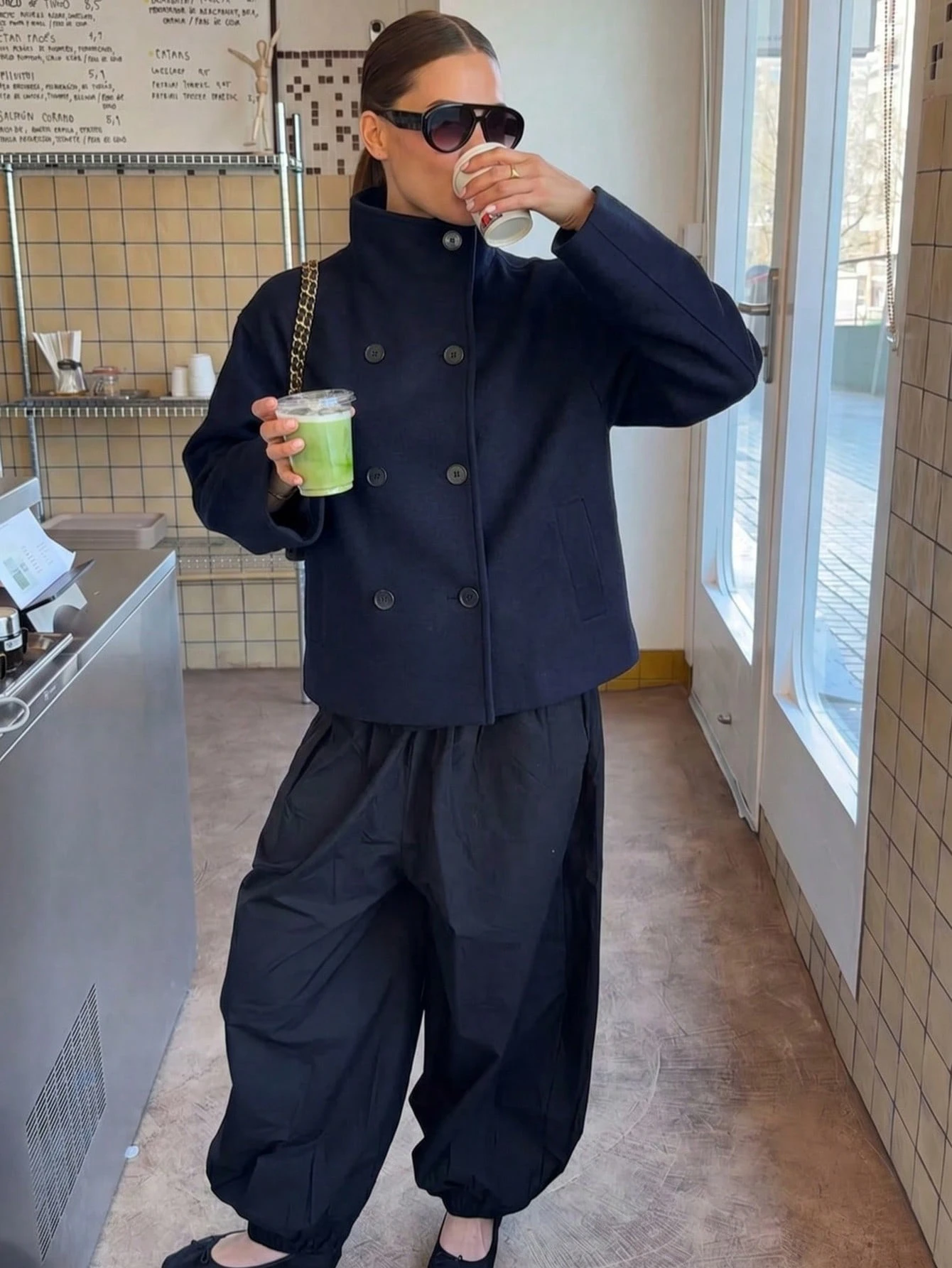 欧美新款纯色复古双排扣高领女式外套,秋冬OL大衣,女士冬季春季服装 - 藏蓝色 - 查看 1