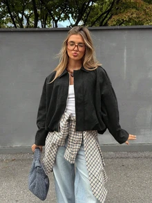 Women's Regular Faux Suede Long Sleeve Single-Breasted Loose Casual Jacket, Suitable For Spring Black - Black - View 3