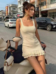 女士纯色荷叶边下摆休闲度假约会旅行羊毛针织吊带裙，优雅派对婚礼夏季礼服 - 杏色 - 查看 4