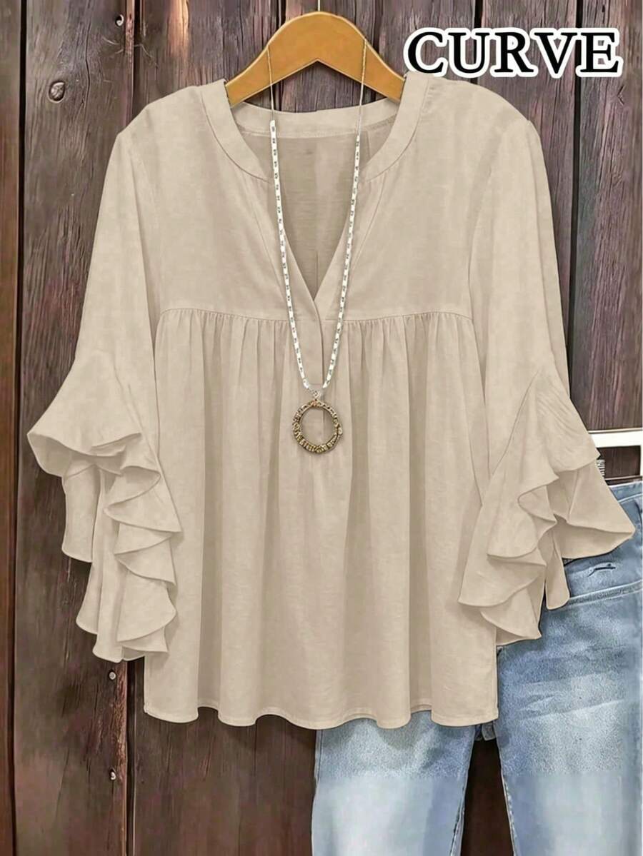 Plus Size Women Solid Color Ruffle Sleeve V-Neck Blouse Top - Khaki - View 1