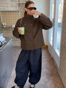 歐美新款純色復古雙排扣高領女裝夾克，秋冬通勤女裝外套，女款冬季穿搭 - 咖啡棕 - 查看 1