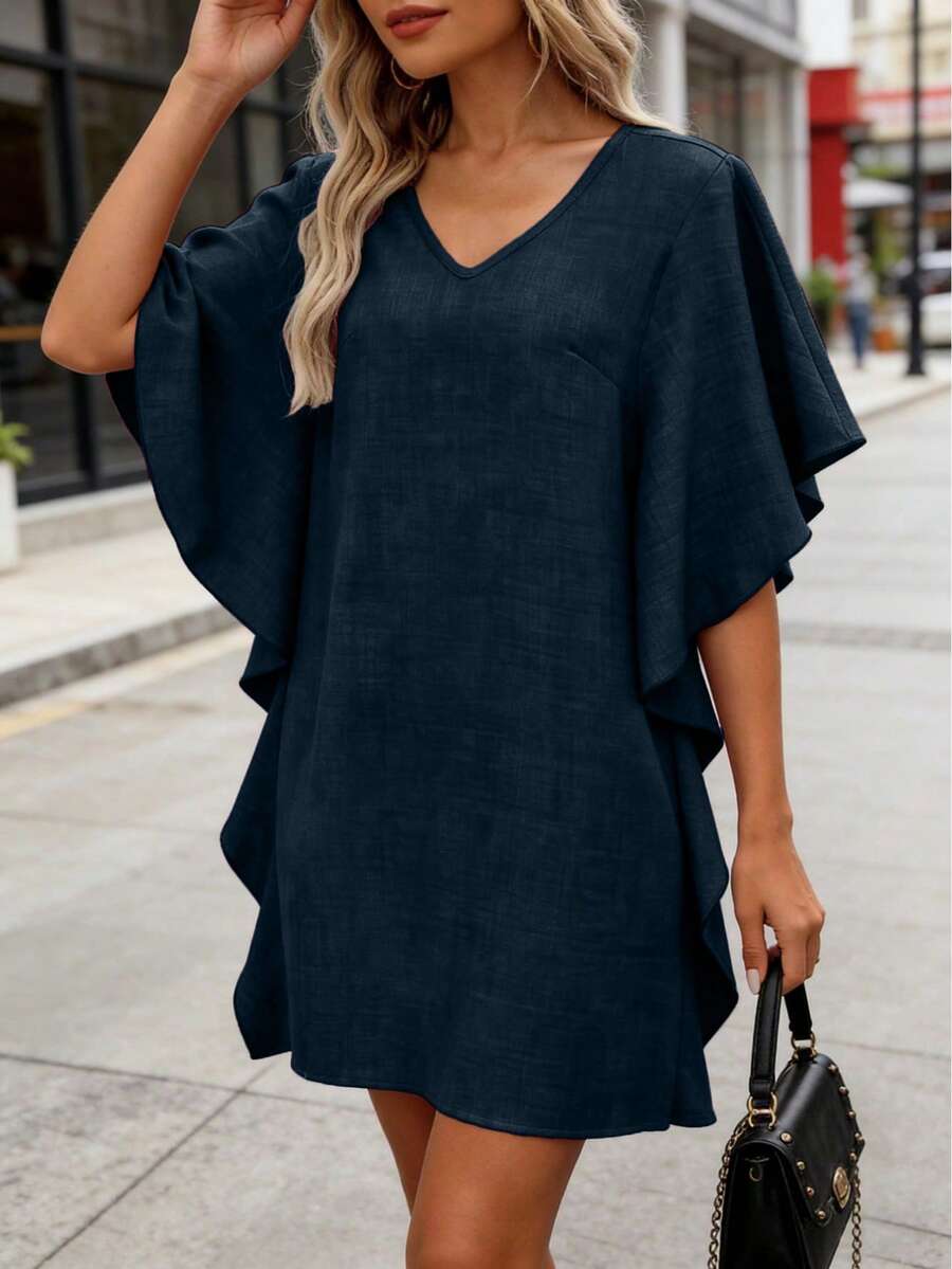 Plus Size Women Elegant Ruffle V-Neck Solid Color Mini Dress, Summer - Navy Blue - View 1