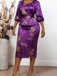 Conjunto de 2 piezas con estampado elegante para mujer talla grande, top de manga farol, ropa de verano para vacaciones - Morado - Ver 1