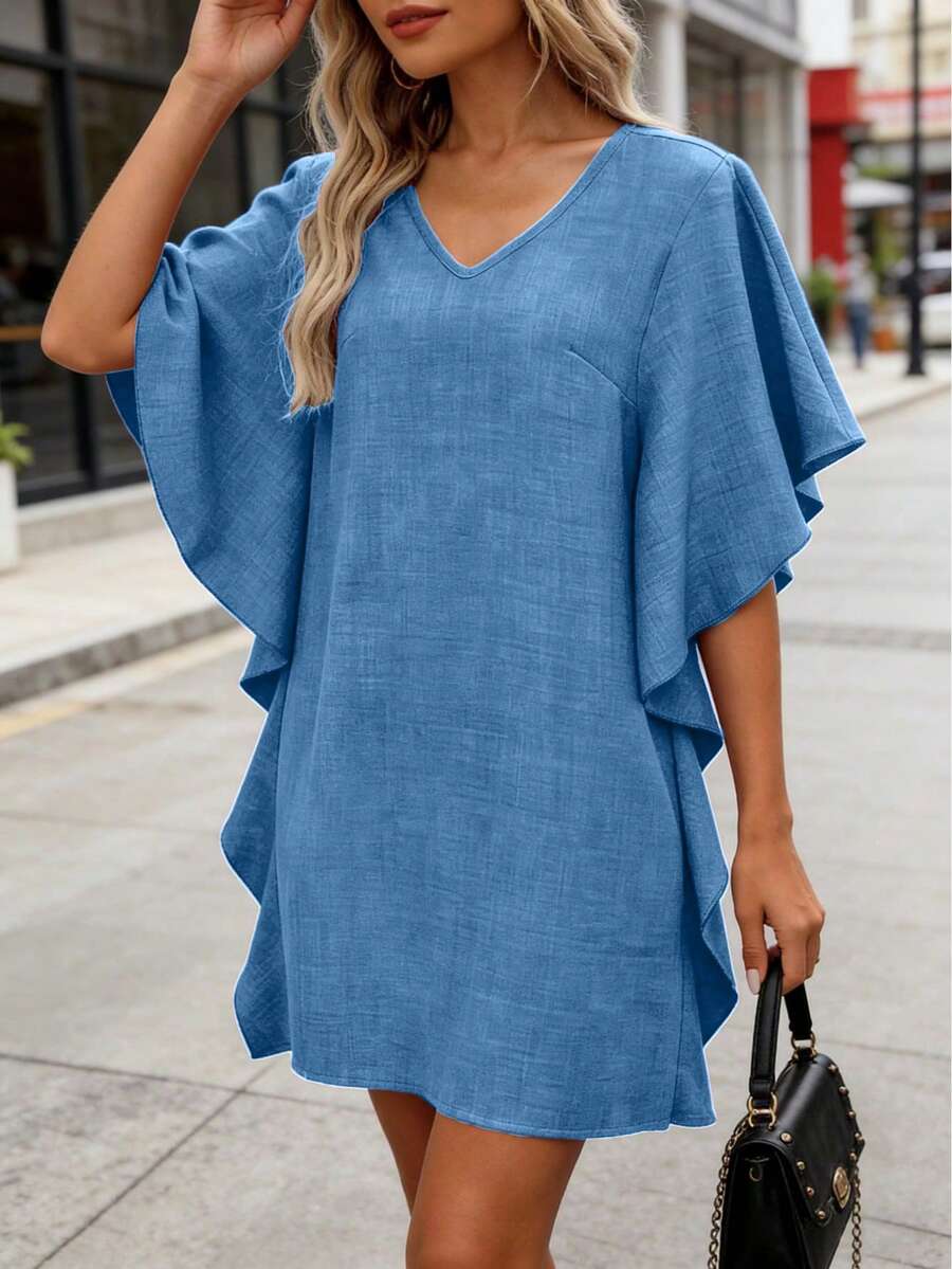 Plus Size Women Elegant Ruffle V-Neck Solid Color Mini Dress, Summer - Baby Blue - View 1