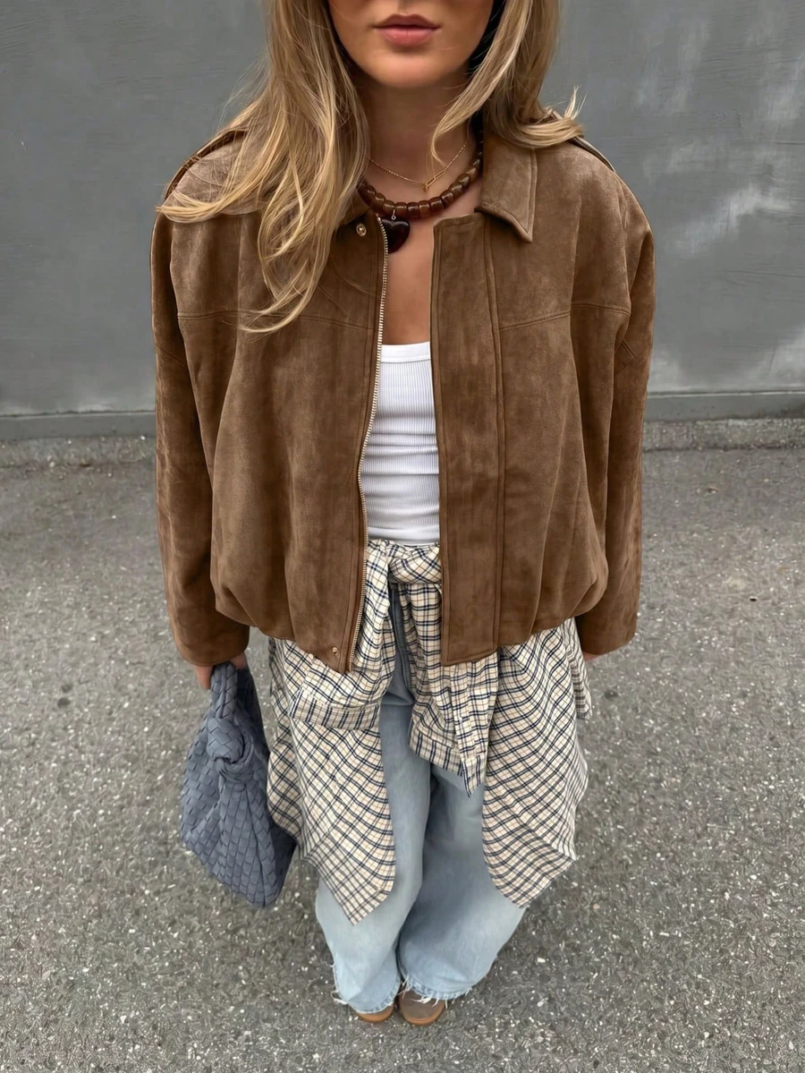 Chaqueta casual holgada de manga larga con un solo botón de ante sintético para mujer, adecuada para primavera y otoño