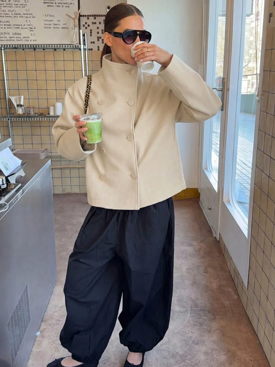 欧美新款纯色复古双排扣高领女式外套,秋冬OL大衣,女士冬装 - 香檳色 - 查看 1