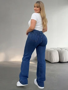 Autumn Fashion Women's Plus Size High Stretch Washed Denim Straight Leg Pants, Casual Daily Wear - Blue - View 3