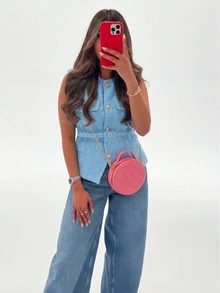 Débardeur élégant sans manches à simple boutonnage, décoré de poches, style mode décontracté pour l'été - Bleu gris - Voir 1