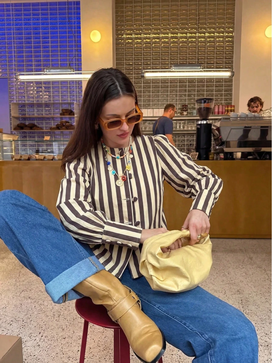 Women's Striped Long Sleeve Casual Shirt Spring - Brown - View 1