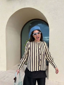 Women's Striped Long Sleeve Casual Shirt Spring - Brown - View 2