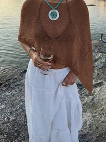 SEREN 夏季新款女款白色罩衫，寬鬆休閒透視性感，不對稱下擺，適合度假海灘，波西米亞風比基尼外搭上衣 - 咖啡棕 - 查看 2