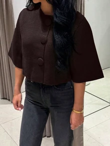 女款優雅素色針織開襟外套，大鈕扣設計，半袖圓領針織上衣 - 棕色 - 查看 4