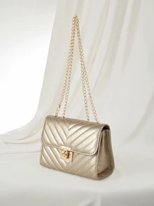 Clariva Metal Clasp Square Quilted Chain Flap Crossbody Bag - Champagne - View 2