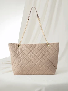 Clariva Lightweight, Portable, Large Capacity Casual, Fashion Quilted Detail Tote Bag, Elegant Large Artificial Leather Handbag - Khaki - View 1