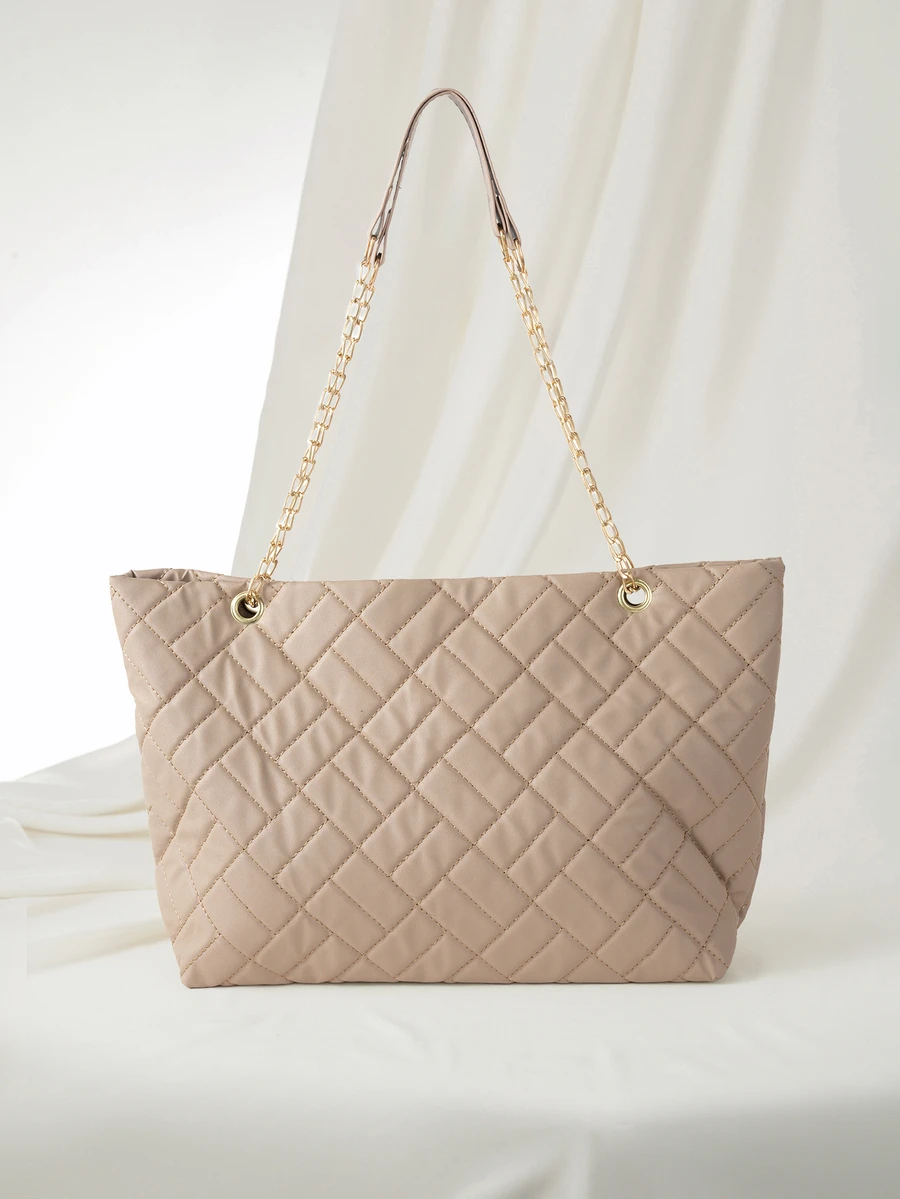 Clariva Lightweight, Portable, Large Capacity Casual, Fashion Quilted Detail Tote Bag, Elegant Large Artificial Leather Handbag - Khaki - View 1