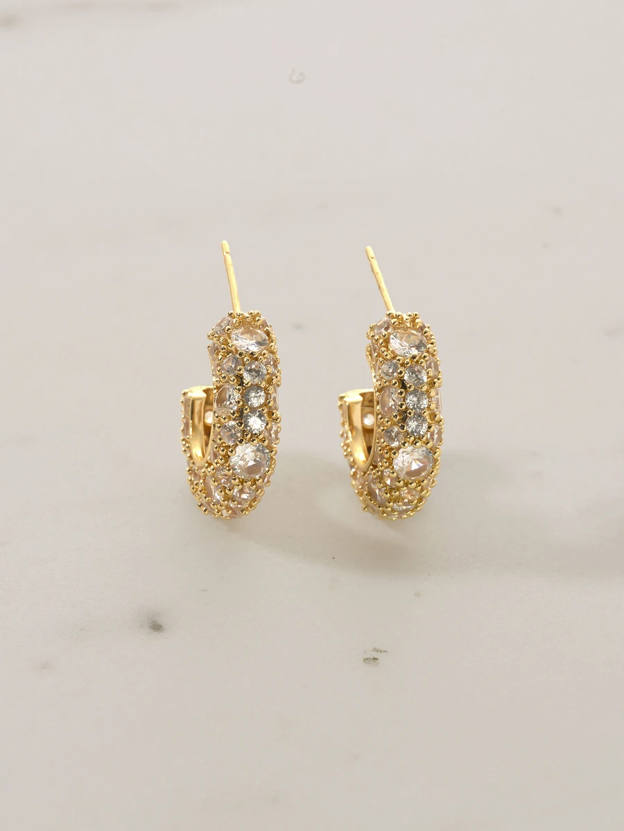 Clariva 1pair Fashionable Cubic Zirconia C Shape Simple Design Elegant Quality Ladies' Earrings - Yellow Gold - View 1