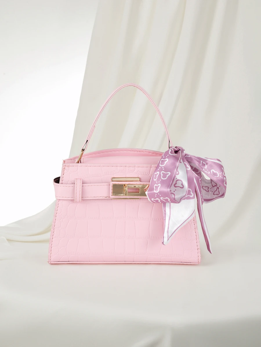 Clariva Fashionable Minimalist Handbag For Women, New Luxury Crocodile Embossed Shoulder Bag, Commuter Crossbody Bag With Scarf - Pink - View 1