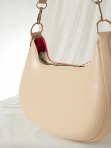 Clariva 1pc PU Solid Color Zipper Crescent Underarm Bag, Fashionable Retro Shoulder Bag, Suitable For Office Ladies, Versatile Use - Khaki - View 4