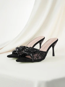 Clariva Sandalias de tacón alto de verano con punta abierta y malla, de estilo minimalista y versátil para ocasiones formales, con punta puntiaguda y elegante, zapatos de tacón alto para mujer, zapatos de tacón alto marrones para mujer - Lazo negro - Ver 1