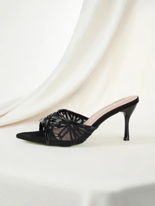 Clariva Sandalias de tacón alto de verano con punta abierta y malla, de estilo minimalista y versátil para ocasiones formales, con punta puntiaguda y elegante, zapatos de tacón alto para mujer, zapatos de tacón alto marrones para mujer - Lazo negro - Ver 2