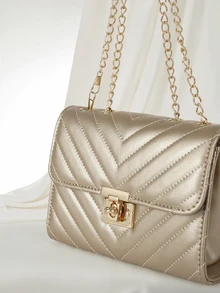 Clariva Metal Clasp Square Quilted Chain Flap Crossbody Bag - Champagne - View 4