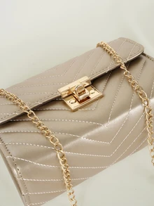 Clariva Metal Clasp Square Quilted Chain Flap Crossbody Bag - Champagne - View 5