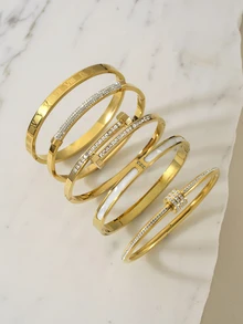 Clariva 5pcs/Set Personalized Multi-Color Stainless Steel Bracelet & Bangle Set, Unique Design, Fashionable, Exquisite Ideal Gift - Gold 13 - View 1
