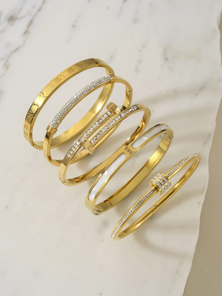 Clariva 5pcs/Set Personalized Multi-Color Stainless Steel Bracelet & Bangle Set, Unique Design, Fashionable, Exquisite Ideal Gift - Gold 13 - View 1