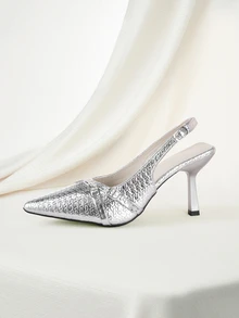 Clariva Sandalias de tacón de gatito de punta afilada para mujer - Plateado - Ver 2