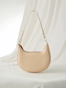 Clariva 1pc PU Solid Color Zipper Crescent Underarm Bag, Fashionable Retro Shoulder Bag, Suitable For Office Ladies, Versatile Use - Khaki - View 3