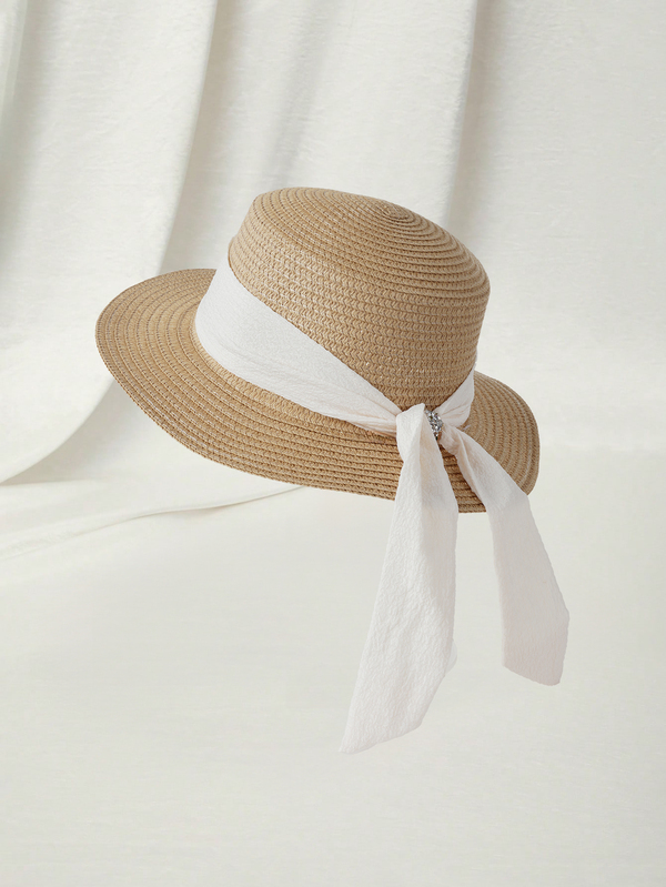 Clariva 1 Pc Women's Flat-Top Straw Hat With Bow, Sunshade, Wide Brim, Foldable, Soft Brim, Perfect For Summer Outings And The Beach,Hair Accessories