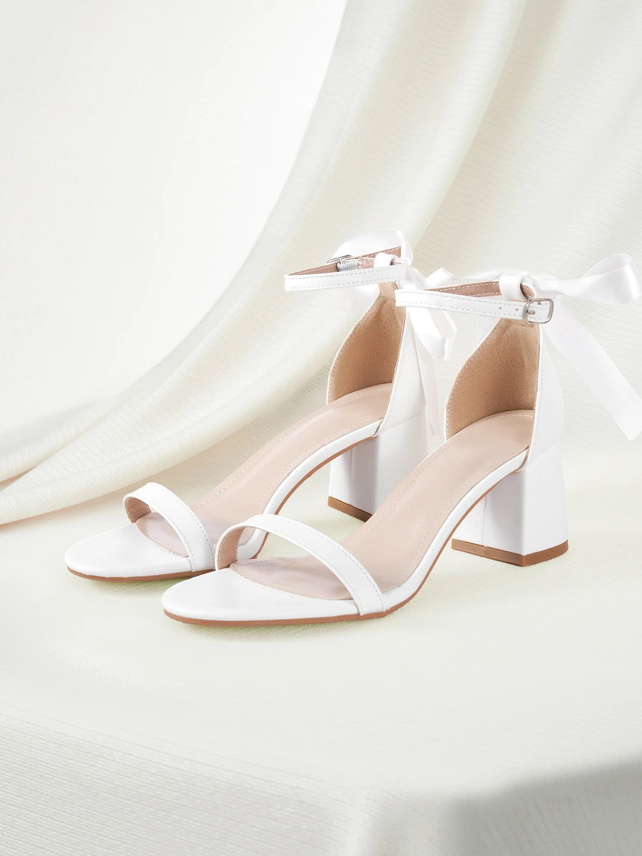 Clariva Summer Fashion Wedding Party Pearl Decor Sandals, Elegant Ribbon Bow Round Toe Chunky Heel Sexy Women High Heel Sandals - White - View 1