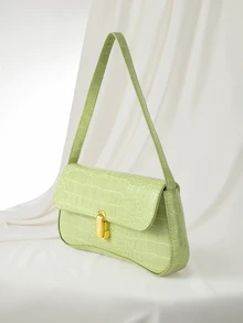 Clariva Fashionable Solid Color Metal Decor Shoulder Bag, Minimalist Elegant Style Underarm Handbag, Suitable For Shopping, Wallet, Young Women - Green - View 2
