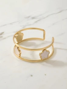 Clariva 1pc Elegant Lucky Clover Double-Line Design Opening Bangle For Women - White - View 4