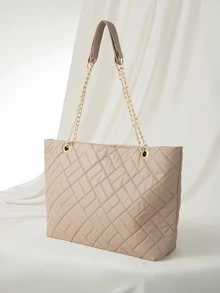 Clariva Lightweight, Portable, Large Capacity Casual, Fashion Quilted Detail Tote Bag, Elegant Large Artificial Leather Handbag - Khaki - View 2