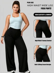 1pc Plus Size Black High Waist Straight Leg Yoga Pants, Tummy Control Butt Lifting 4-Way Stretch Sports Pants, Suitable For All Seasons Winter - Black - View 1