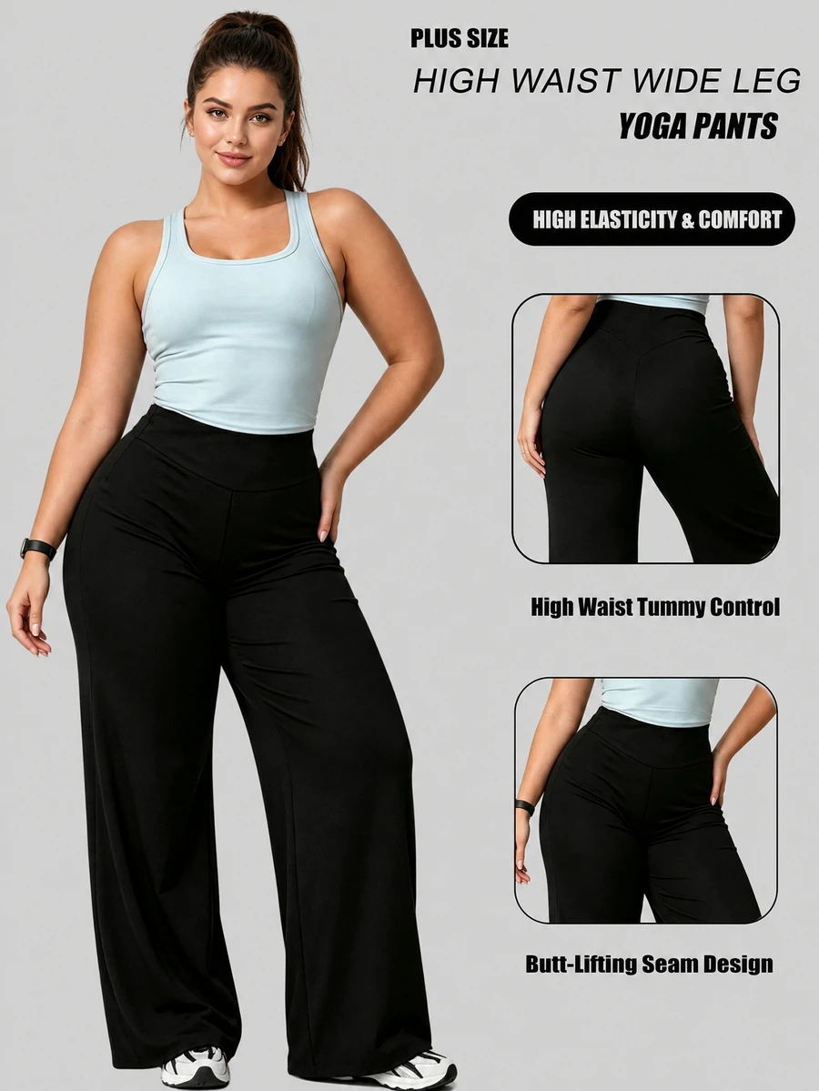 1pc Plus Size Black High Waist Straight Leg Yoga Pants, Tummy Control Butt Lifting 4-Way Stretch Sports Pants, Suitable For All Seasons Winter - Black - View 1
