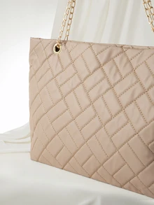 Clariva Lightweight, Portable, Large Capacity Casual, Fashion Quilted Detail Tote Bag, Elegant Large Artificial Leather Handbag - Khaki - View 4