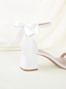 Clariva Summer Fashion Wedding Party Pearl Decor Sandals, Elegant Ribbon Bow Round Toe Chunky Heel Sexy Women High Heel Sandals - White - View 3